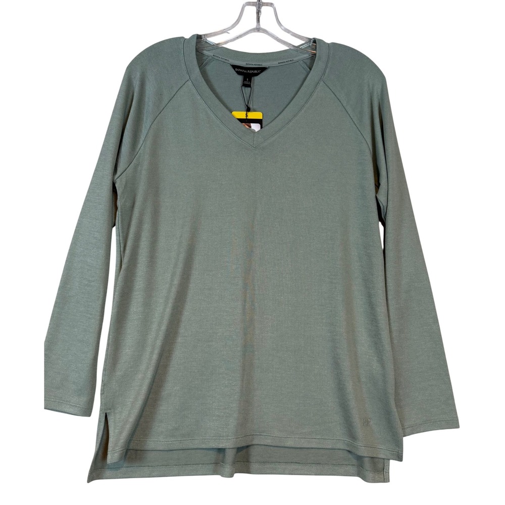 Banana Republic Womens V-Neck Long Sleeve Top Sage Green Relaxed Fit •S• Layer
